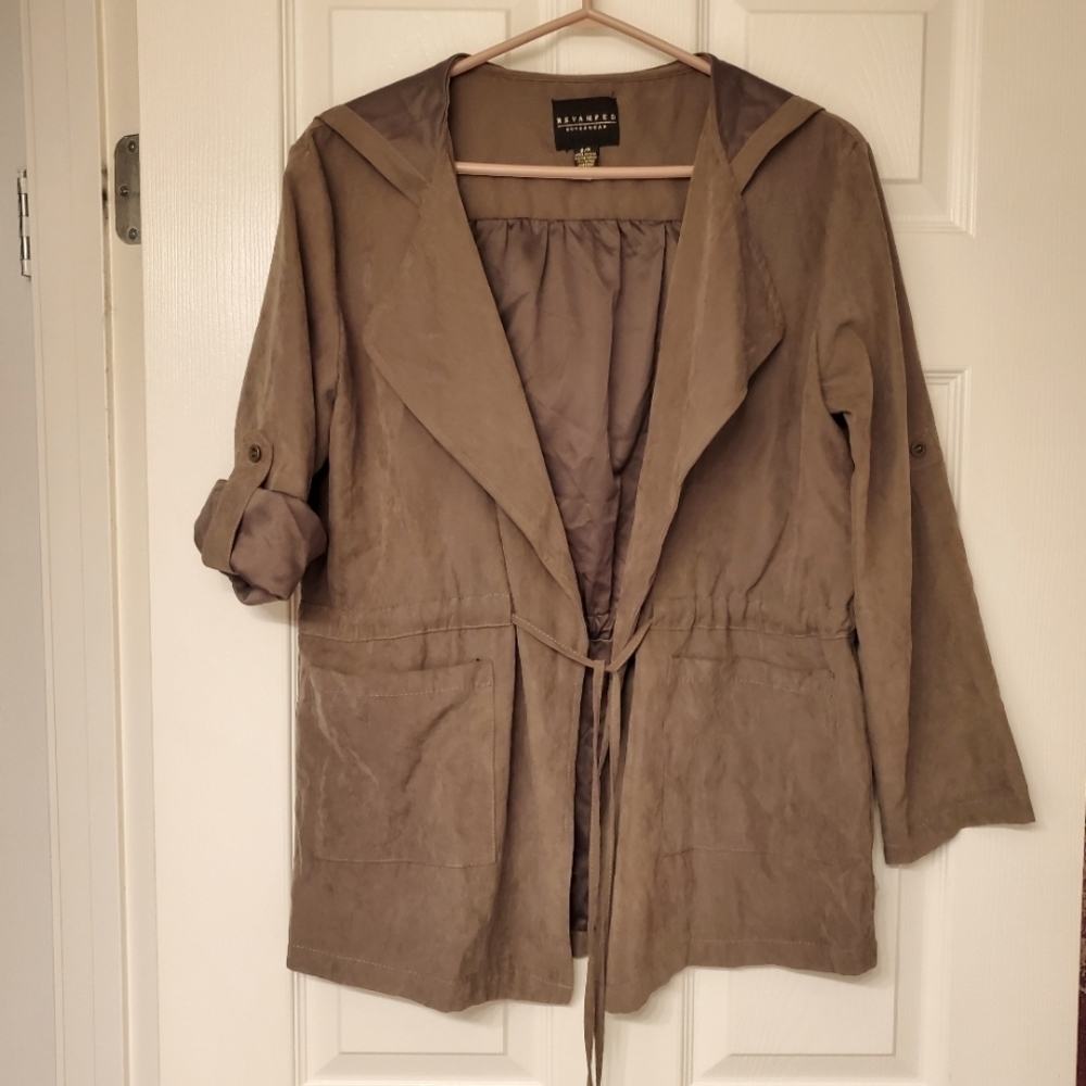 Revamped Outerwear Faux Suede Hooded Drawstring Utility Jacket Khaki Small